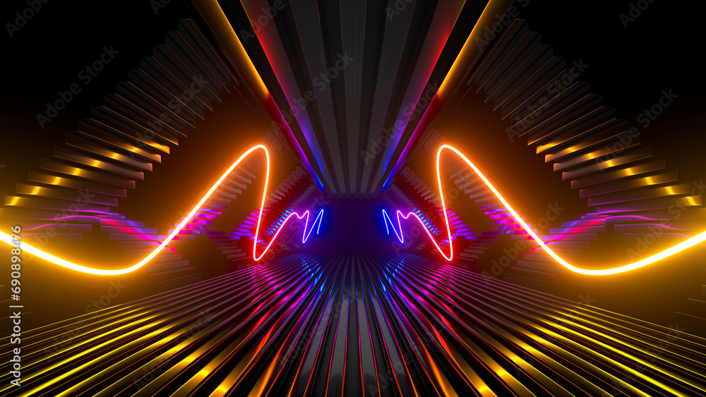 Poster sci fi neon glowing lines in a dark tunnel. reflections on the floor and ceiling. empty background i