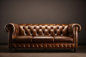 Interior of living room with brown leather sofa