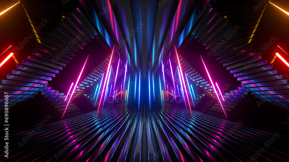 Poster sci fi neon glowing lines in a dark tunnel. reflections on the floor and ceiling. empty background i