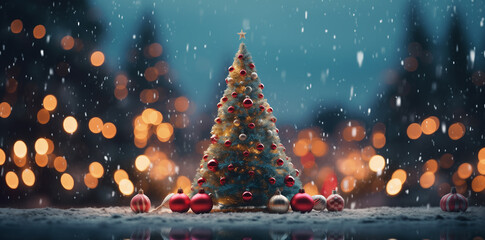 Christmas trees in front of the snowing christmas scene cute cartoonish designs dark red and sky...