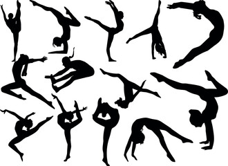 Female gymnastics Art Silhouette. black Illustration in various themes. Hand drawn collection.