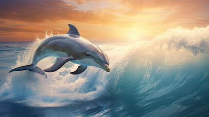 A dolphin mother swimming alongside her calf, playfully leaping through ocean waves  Ai Generative