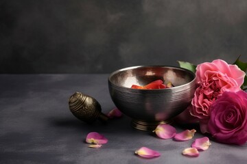 Tibetan singing bowl roses. Sound vibration object petals healing. Generate Ai