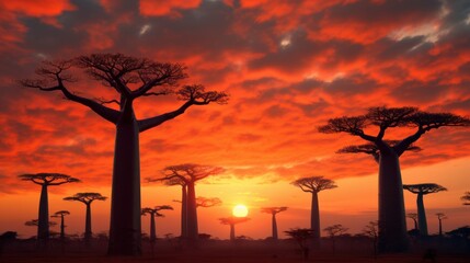 Picturesque view of silhouette of baobab in Madagascar during orange sunsetş
