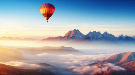 Colorful hot air balloon flying over foggy mountains at sunrise.