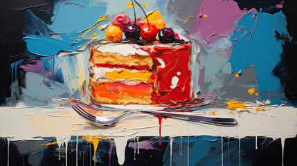 Abstract representation of a captivating cake slice, with energetic brush strokes  Ai Generative

