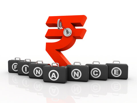 3D illustration Rupee currency sign protection key
