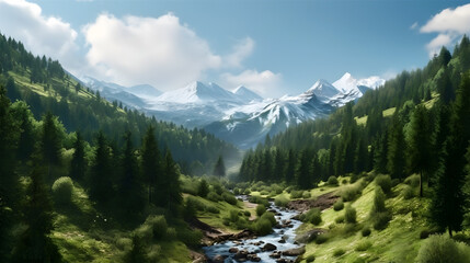 Fantastic majestic mountain with green forest in sunny day. Beauty of nature concept background.