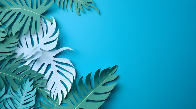 elegant Monstera paper cut with copy space background. Blue background with spring leaves border.
