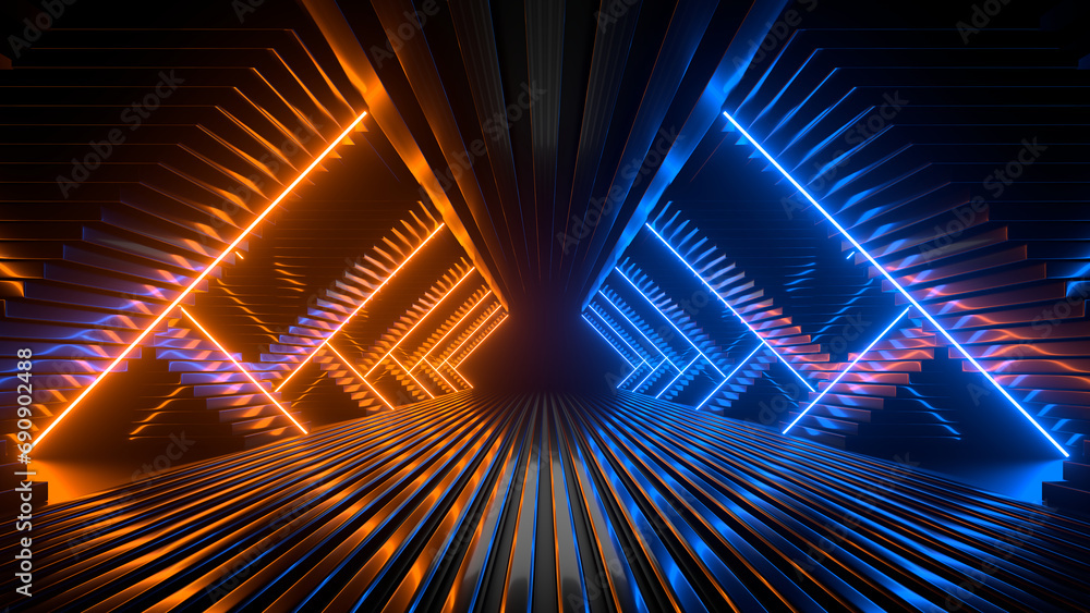 Poster sci fi neon glowing lines in a dark tunnel. reflections on the floor and ceiling. empty background i