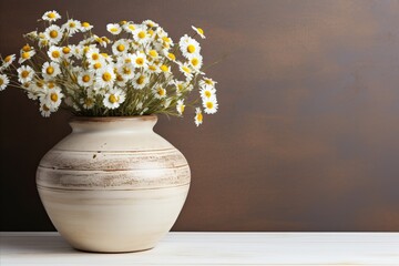 Wooden Table with Clay Vase and Chamomile Flowers, Home Interior Background with Copy Space