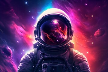 Astronaut in space with stars, a galaxy, a purple and blue nebula and galaxies reflected in his helmet. Generative AI 