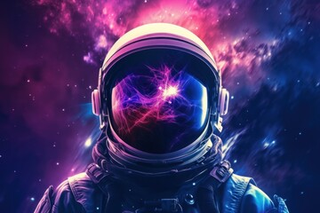 Astronaut in space with stars, a galaxy, a purple and blue nebula and galaxies reflected in his helmet. Generative AI  - obrazy, fototapety, plakaty