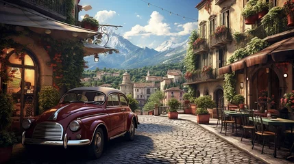 Poster a charming scene of a vintage car parked in front of a quaint car with a picturesque European village as the backdrop, exuding old-world charm.  © Ghouri
