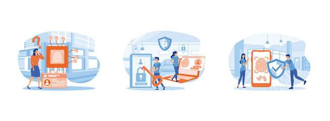 personal ID. Biometric access control. Biometric authentication. Biometric access set flat vector modern illustration 