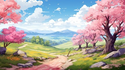 beautiful spring landscape, anime landscape, cartoon nature art  