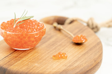 Red sockeye salmon caviar on the table