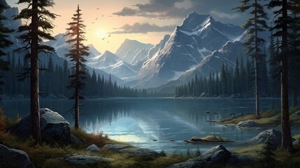 nature landscape, a lake surrounded by mountains and trees, naturalism, sense of awe, art  