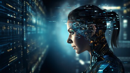 Fototapeta na wymiar Artificial Intelligence Large Language Model (LLM). Female head with human face matrix digital numbers artificial intelligence artificial intelligence theme.