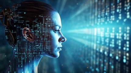 Artificial Intelligence Large Language Model (LLM). Female head with human face matrix digital numbers artificial intelligence artificial intelligence theme. - obrazy, fototapety, plakaty