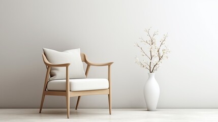 Fototapeta na wymiar A minimalist Scandinavian-designed chair with a soft cushion, placed centrally on a white setting.