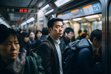 Crowds of people in an asistic subway. The focus is on a businessman with a stoic face.