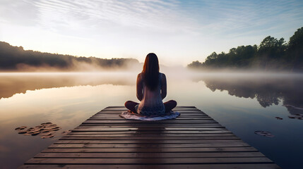 Young woman meditating on a wooden pier on the edge of a lake in a peaceful natural environment, yoga, mindfulness, relaxation, tranquility - obrazy, fototapety, plakaty