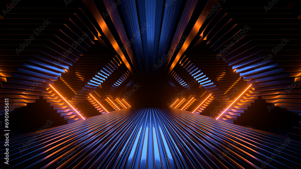 Poster sci fi neon glowing lines in a dark tunnel. reflections on the floor and ceiling. empty background i