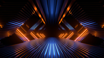 Sci Fi neon glowing lines in a dark tunnel. Reflections on the floor and ceiling. Empty background in the center. 3d rendering image. Abstract glowing lines. Technology futuristic background.