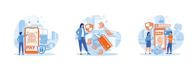 Secure payment.   Woman protecting bank card and banknote with shield. Online Shopping. Secure Payment set flat vector modern illustration  
