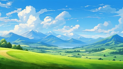 緑の草原、青い空と雲、山を背景にしたパノラマの自然の風景GenerativeAI - obrazy, fototapety, plakaty