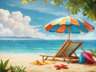 Fototapeta na wymiar Beach Chairs and Umbrella: Relaxation Setup Amidst Coastal Serenity, Coastal Retreat Adorned with Lounge Chairs and Sunshade