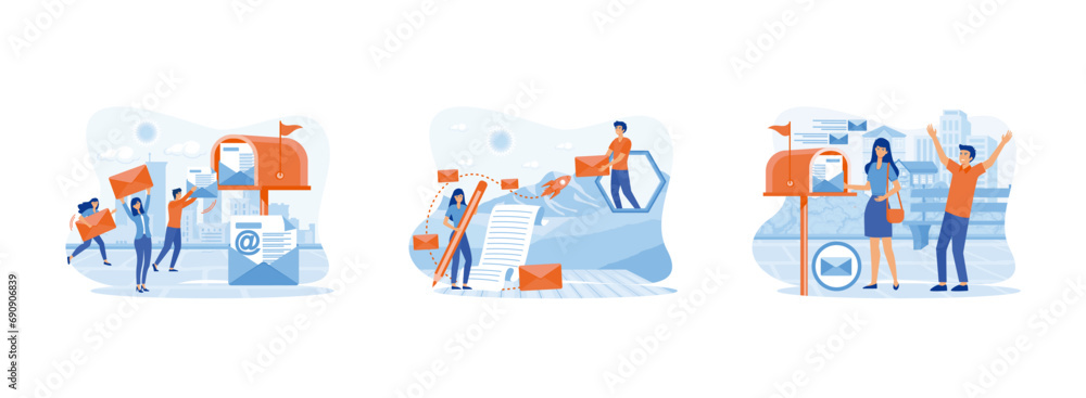 Poster correspondence deliver. mail service. getting mail from mailbox. mail service set flat vector modern