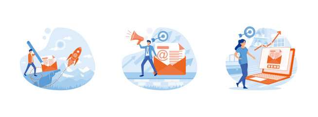 Email and messaging.  Email marketing. Mailing service. Email marketing 1 set flat vector modern illustration 