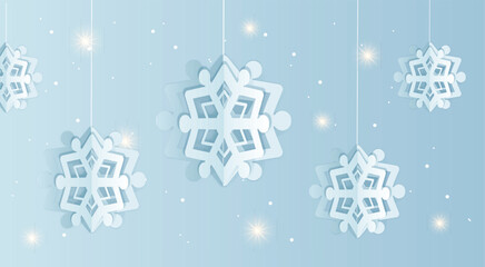 Obraz na płótnie Canvas Christmas card with paper snow flake. Falling snowflakes on a dark blue winter background. Vector illustration. Merry Christmas, New Year design.