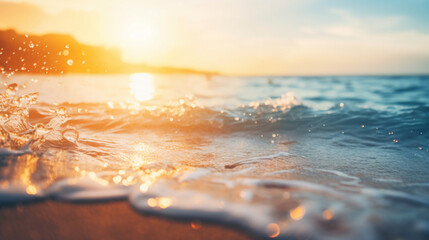 ボケ味の日光波抽象的な背景を持つぼやけた熱帯日没海岸GenerativeAI - obrazy, fototapety, plakaty