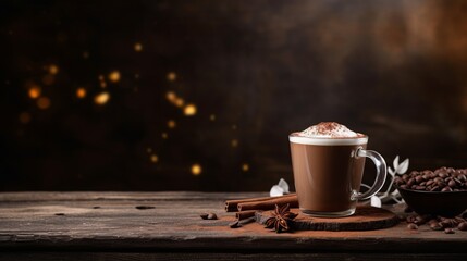 hot chocolate on wood table with copy space, 16:9 - Powered by Adobe