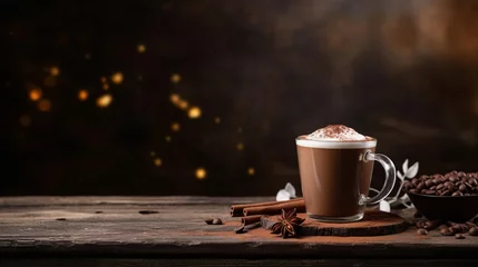 Foto op Canvas hot chocolate on wood table with copy space, 16:9 © Christian