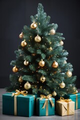 Naklejka na ściany i meble Christmas tree decorated for New Year's holiday, with gifts and balls, dark background, winter season