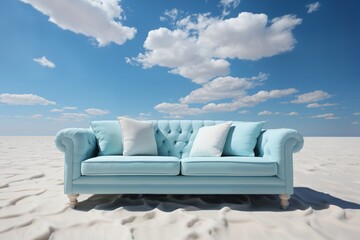 a white sofa on a blue sky background with clouds