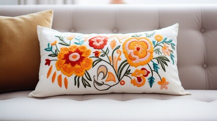 A plush sofa cushion with embroidered designs on white.