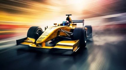 Poster Racing driver passes the finish point and motion blur background. Motion blur background. Blur shows speed of Formula 1 © Zahid