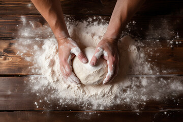 A baker's hands kneading dough with flour spread on rustic wooden surface