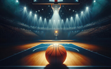 Basketball arena with wooden floor, lights reflectors, and tribune over blurred lights background....