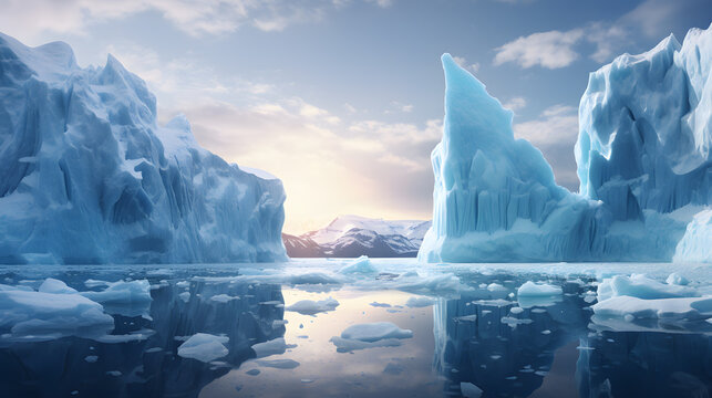 Tabular icebergs melting, Concept of climate change and global warming 