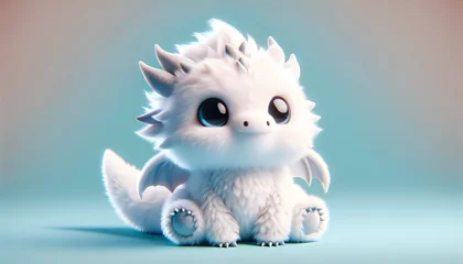 Tuinposter Super cute white baby dragon. Cartoon fluffy dragon character. Funny Fantasy monster. Isolated on a plain blue background. Children's books, fairy-tale hero. AI illustration for children. Copy space © Zakhariya