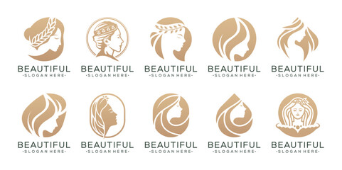 Set of luxury beauty woman logo design for makeup, salon and spa, beauty care - obrazy, fototapety, plakaty