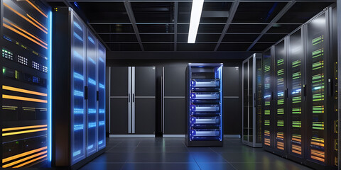 Modern Data Technology Center Server Racks Working in Dark Facility. Concept of Internet of Things, Big Data Protection, Storage, Cryptocurrency Farm, Cloud Computing.