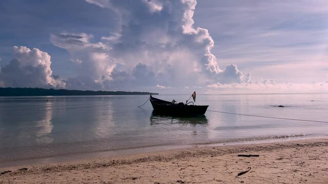 Background of beach sea view , Evening view with boat and sylvite scenery of clouds and sea