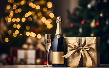 Champagne bottle with glasse and Christmas gift on Christmas tree background in warmly light living room